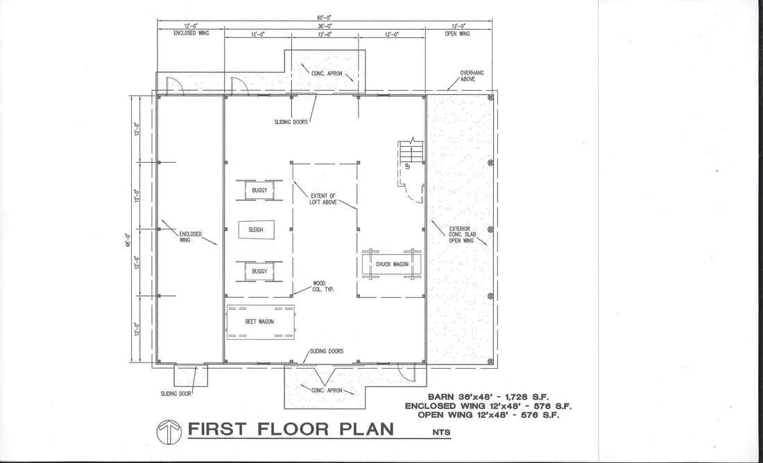 First-floor plan of the barn with positions for the buggy, sleigh, chuck wagon and beet wagon