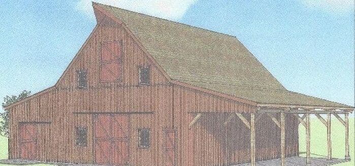 Colored-pencil perspective drawing of the planned red post and beam barn