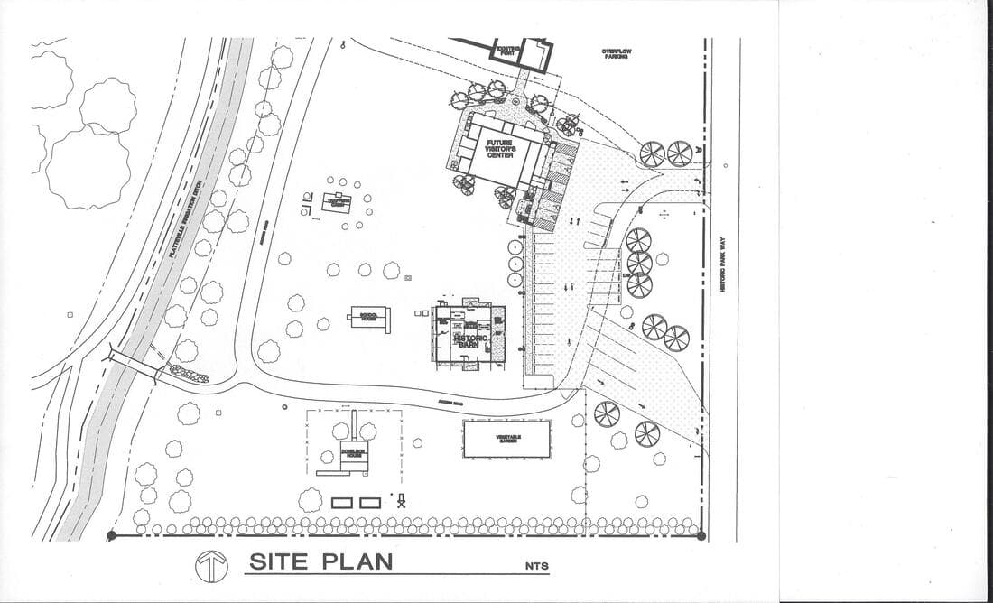 Architectural site plan of the park showing the fort, future visitor center, trapper cabin, school, barn, Donelson House, garden and parking