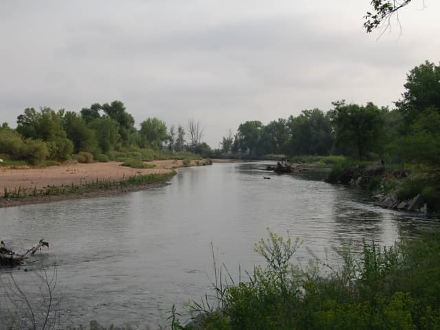 The wide, shallow South Platte River with a sandbar and cottonwoods